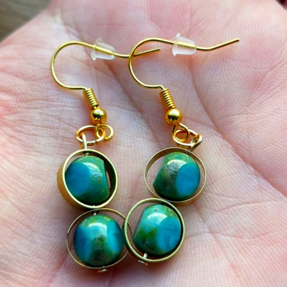 Brass Circular Frame Earrings with Blue 3-sided Beads